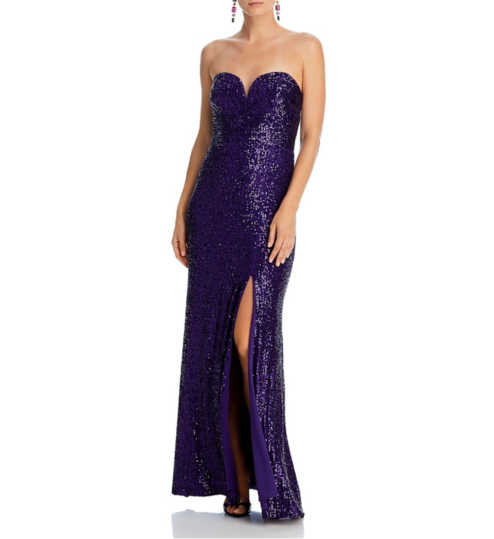 AQUA Purple Column Evening Gown Sequined Strapless Thigh Slit Long Dress Size 6